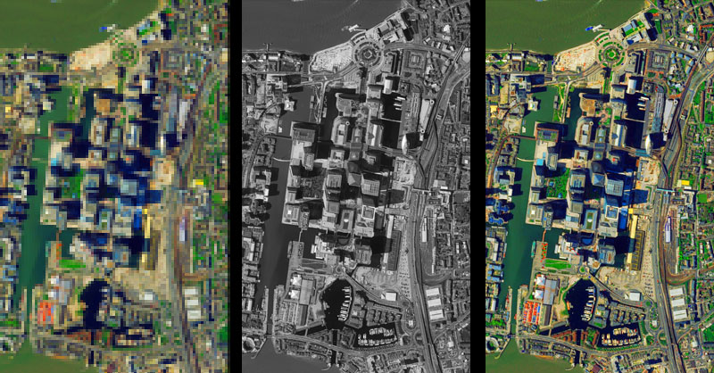 Imagen Multiespectral, imagen Pancromática e imagen tras el Pansharpening